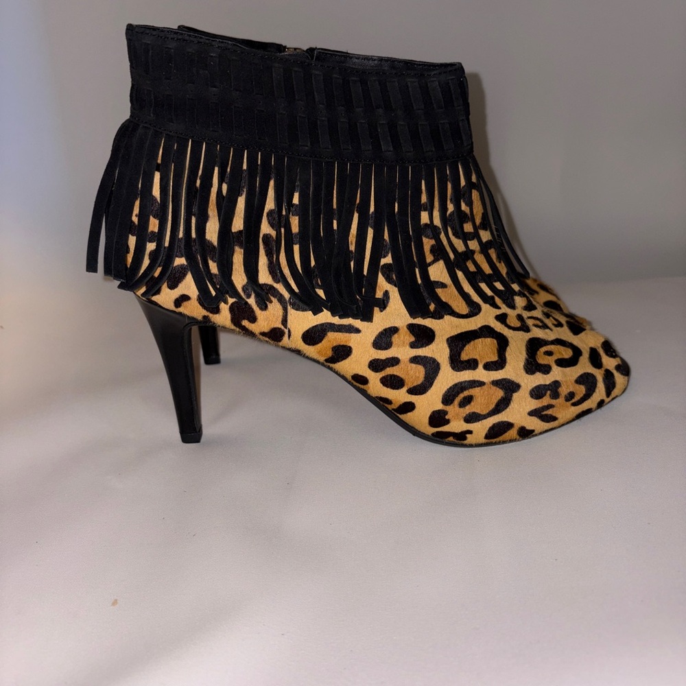 J.Renee Leopard Print Fringe Ankle Booties in Black and Tan